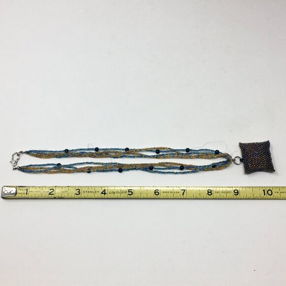 Handmade Iridescent Square Seed Bead Pouch Multi-Strand Matte Hematite Necklace - Picture 16 of 16